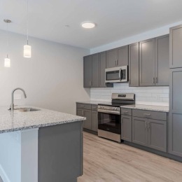 Layouts at The Rosewater were designed to impress from the moment you step inside. Can you imagine yourself coming home to this space? a kitchen with grey cabinets and stainless steel appliances