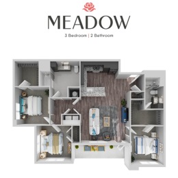 Can't you picture yourself frolicking in this spacious floorplan? Make the Meadow your home by heading to our website The Rosewater Meadow Floorplan 3 Bed/2 Bath rendering